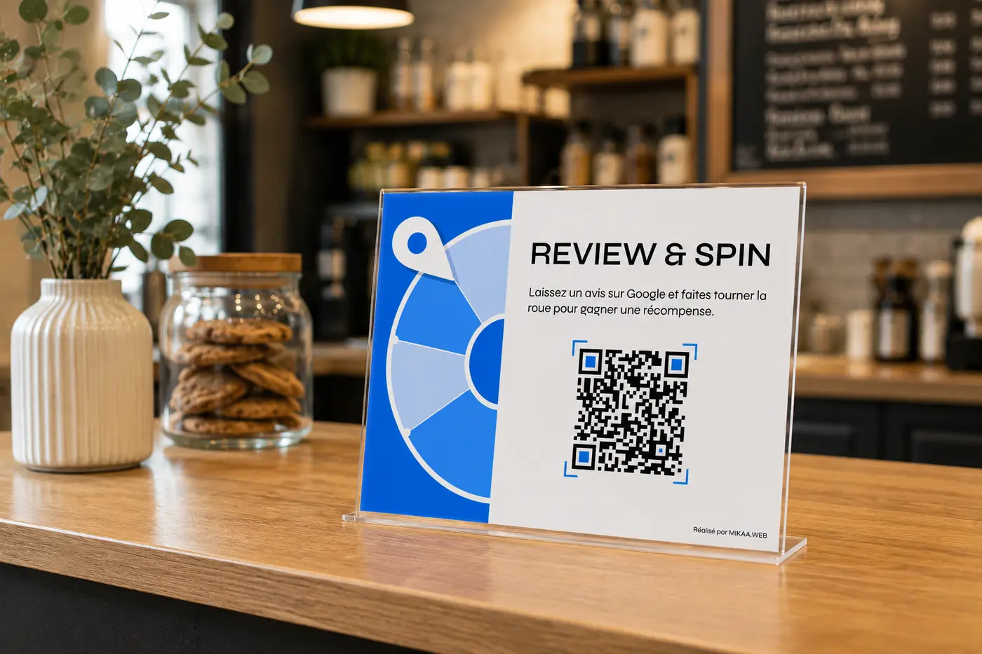 Feuille A5 Review & Spin posée sur un comptoir de café