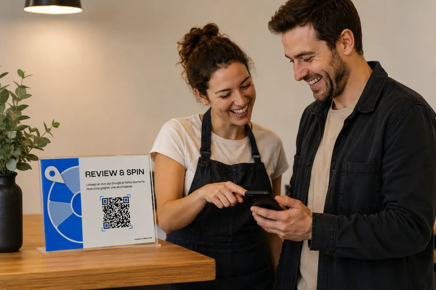 Commerçant et client avec la feuille Review & Spin au comptoir